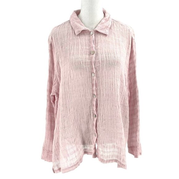 Chico's 100% Linen Open-Knit Button Front Blouse Top Baby Pink size Large - Picture 1 of 9